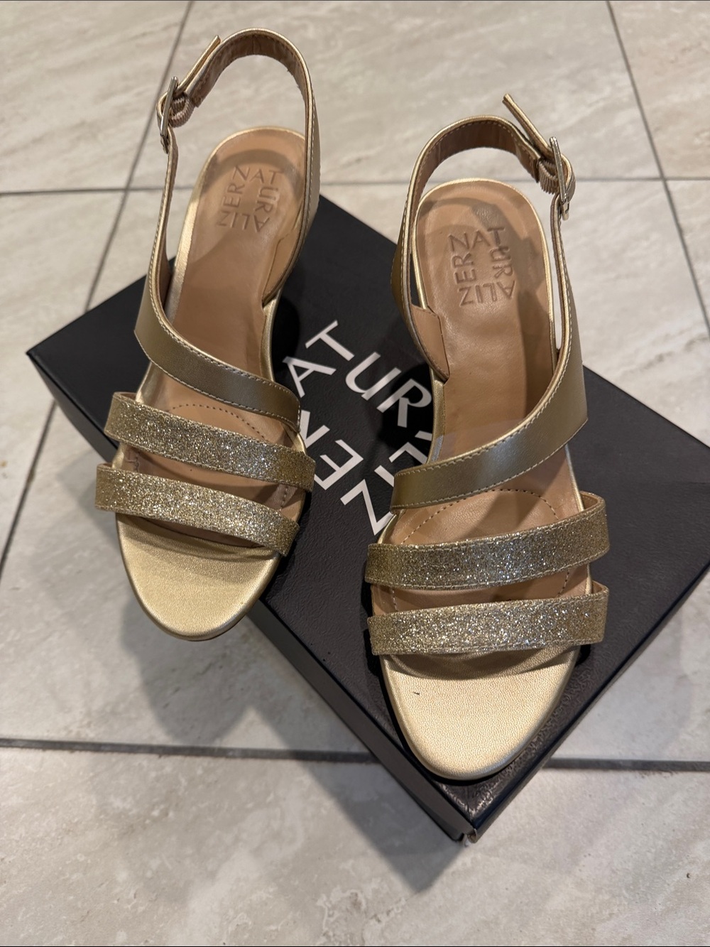 Naturalizer Gold Glitter Strap Sandals with Ankle Buckle